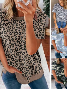 2022 Multicolor Crew Neck Camouflage Side Slit T-Shirt Top Street Style Long Sleeve Slim Fit Polyester Womens Shirt