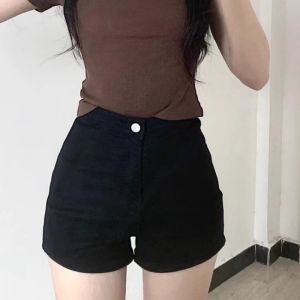 กางเกงขาสั้นยีนส์ทรงเข้ารูปเอวสูงสีดำ ทรงสลิมฟิต กางเกงขาสั้นผู้หญิง ทรงเข้ารูป ทรงเข้ารูป สไตล์ฮิปฮอป สไตล์วัยรุ่น กางเกงขาสั้นทรงเข้ารูป