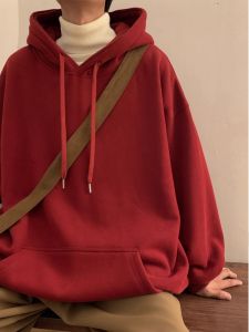 Pure Cotton Heavyweight Loose Fit Slimming Versatile New Year Fleece Lined Red Hoodie Mens Autumn Winter Overhead Jacket