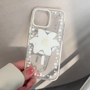 Korean Lily Flowers Magnetic Bracket Phone Case For iPhone 17 16 15 14 13 12 Pro Max 11 Transparent Shockproof Protective Cover