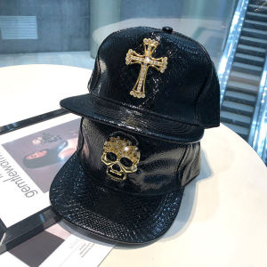 Hip-Hop Hip-Hop Hat Womens Trendy Diamond Skull Baseball Hat Flat Eaves Cap Mens K-style Leather Hat Cool Diamond-Embedded Peaked Cap