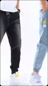 🎏Korea NEW กางเกงยีนส์ขาจั๊ม แต่งป้ายแทร็ก เอวยางยืด 2 สี แฟชั่นผู้ชาย