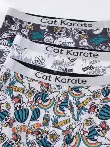 4-Piece Mens Ice Silk Mid-Waist Boxer Briefs Set - Cat Karate Graphic Design (Multiple Sizes)-Mens Underwear