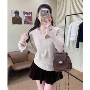 BINKAFENNY | White Lace Trim Splice V-neck Wool Base Shirt Womens Slim Fit Ultra Beautiful Knitted Top For Autumn Winter Commute