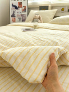 Washed Cotton Yellow Striped Pure Cotton Bedding Four-Piece Set Simple All Cotton Duvet Cover Four Seasons Bed Sheet Three-Piece Set Bed Canopy