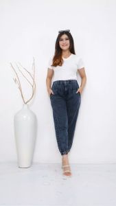 NHN JEANS - Joger Jeans Kancing Wanita Snow Black Snow Blue Jeans Joger Kancing Size L XL JUMBO (XXL)