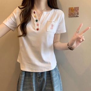 plus Size Womens V-Neck Short Sleeve T-Shirt Korean Style Slim Fit Summer New Arrival Casual Versatile Top for plus Size