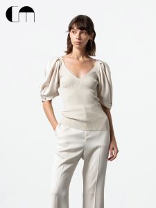 Autumn Winter V-Neck Puff Sleeve Knit Patchwork Womens Shirt