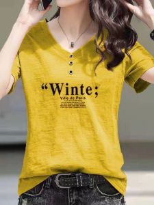 เสื้อยืดคอกลมแขนสั้นผ้าฝ้ายแท้สไตล์เกาหลีหลวมๆ สำหรับผู้หญิงในช่วงฤดูร้อนปี 2024 เสื้อเชิ้ตพื้นฐานมีกระดุมลายการ์ตูน