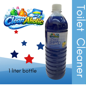 CleanAholic Toilet Cleaner 1 liter.500ml Blue plastic bottles with white caps. Label reads "TOILET CLEANER". Blue bow graphic. Text "Pabanguhin ang Toilet!" and "1 liter".