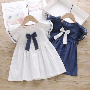 Girls Preppy Style Short Sleeve Dress Childrens Fashion Korean Princess Skirt Cotton Material Pure Color Summer New Arrival
