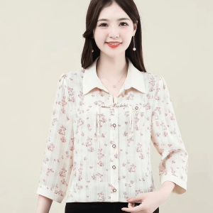 Summer New Style Casual Commute Fashionable Seven-Quarter Sleeve T-Shirt Polo Collar Print Top Belly Concealing Womens Shirt