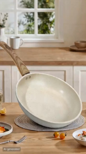 Nipiin Heavy Gauge Non Stick Pan Cream Wood Grain Single Handle Even Heat Distribution For Healthy Cooking All Stoves