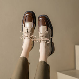 Retro British Style Square Head Chunky Heel Color Block Leather Shoes Women Deep Mouth Tie Single Shoes Loafers Fashionable Casual Footwear