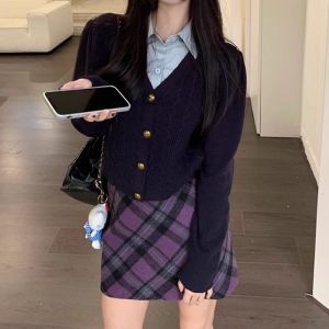 Retro High Waist Woolen Plaid Skirt Womens Plus Size Fall and Winter New Arrival Thicken Sheath A- line Purple Gingham Skirt