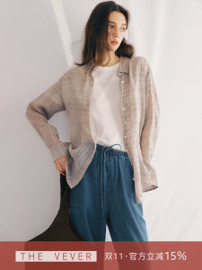 เสื้อเชิ้ตผ้าฝ้ายลินินลายสก็อตเนื้อบางเบาสไตล์ Old Money สำหรับผู้หญิง ฤดูร้อน 2025 เสื้อเชิ้ตคอปกปิดหน้าอกแขนยาว