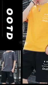 #ชุดเสื้อยืดคอกลม+กางเกงลำลองขาสั้นราคาพิเศษ+เก็บเงินปลายทาง= สกรีนลายรอยยิ้ม แนวมินิมอล เนื้อผ้านิ่ม ใส่สบาย สีไม่ตก รีดทับลายสกรีนได้