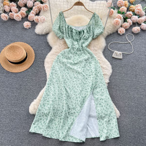 Pháp Pure Desire Cao Cấp Họa Tiết In Tay Áo Bong Bóng Đầm Nữ Mùa Hè Thon Gọn Thanh Lịch Hệ Thống Rừng Chia Dài Đầm