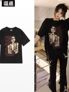 100% Heavy Weight Pure Cotton Original American Retro Skull Print Mens and Womens Short-Sleeved T-shirt Summer Street Couples Tops