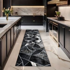 VIKAMA Black Grey Geometric Marble Runner Floor Mat Abstract Texture Print Non Slip Rug For Kitchen Hallway Home Decor