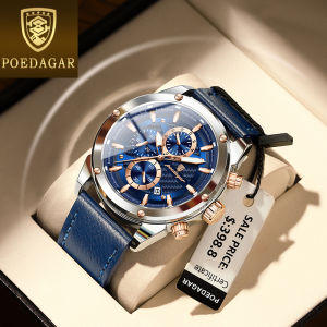 POEDAGAR chronograph watch for men waterproof 2024 sale original multifunctional genuine leather calendar luminous sports watch