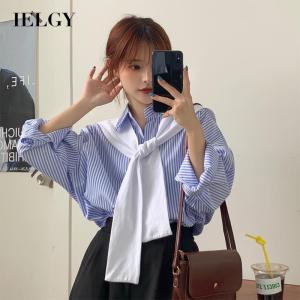 IELGY retro Hong Kong flavor loose mid-length salt shawl striped lapel shirt top women