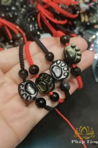 Vòng Tay Chỉ Rút Bện Thủ Công Mix Bàn Chân Mèo May Mắn Đá Obsidian Vòng Tay Dây Rút Thần Tài - Pháp Tâm