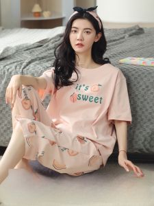 miiow | Pure Cotton Summer Lightweight Breathable Short Sleeve Womens Sleepwear Set Comfortable Home Clothes Casual Round Neck