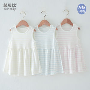 Summer Bamboo Fiber Vest Dress Thin Strap Princess Skirt for Girls Baby Cotton Blend Fabric Stripe Pattern Simple Style Dress