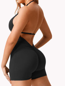 Solid Color Fitness Yoga Jumpsuit Deep V Backless Bodysuit Short Pants for Women Pure Color Exercise Sports Yoga Wear
