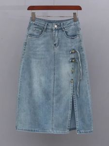 กระโปรงยีนส์ทรงเอเอวสูงทรงเข้ารูปทรงเอทรงยาวปานกลางสำหรับฤดูร้อนปี 2024 กระโปรงสั้นทรงเอผ้าฝ้ายทรงเข้ารูปทรงเอ