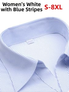 New Blue Vertical Striped Shirt No Ironing Anti-Wrinkle Work Uniform Short Sleeve plus Size Womens Business Shirt Korean Style