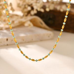 Kemstone Summer Green Enamel Bead Necklace for Women 18K Gold Color Stainless Steel Jewelry