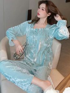 ชุดนอนผ้ากำมะหยี่สีทองสำหรับผู้หญิง แขนยาว ฤดูใบไม้ร่วง ฤดูหนาว เสื้อผ้าสำหรับอยู่บ้าน ชุดนอนฤดูใบไม้ผลิและฤดูใบไม้ร่วง อบอุ่น หวาน สุดน่ารัก