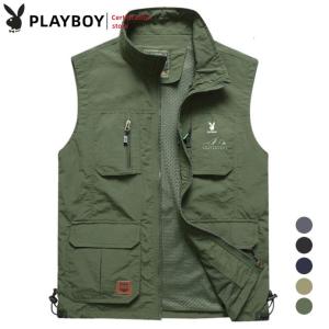 เสื้อกั๊กเพลย์บอยผู้ชาย สำหรับลำลองเล่นกีฬานอกบ้าน Rompi Modis ตกปลา หลายกระเป๋า สีอ้อมกลาง