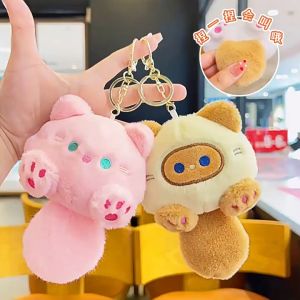 Cat Keychain Soft Plush Cute Kitten Bag Accessory Lobster Clasp Key Chain Kucing Tail With Sound 猫咪钥匙扣可爱书包挂件