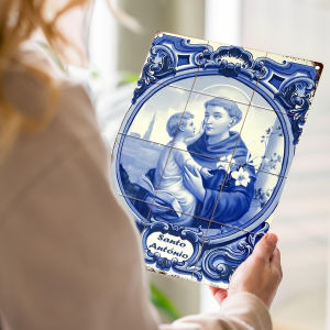 HelloYoung | 2D Metal Sign 2D Vintage Blue Ceramic Scene Metal Wall Art Saint Anthony with Boy Illustration Pre-Drilled 8.0x12.0 Inch Weath