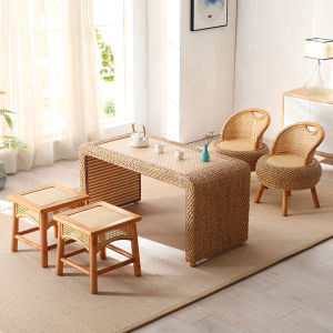 Rattan Woven Tea Table Pastoral Style Square Shape for Living Room and Balcony Light Luxury Simple Design Wood Finish
