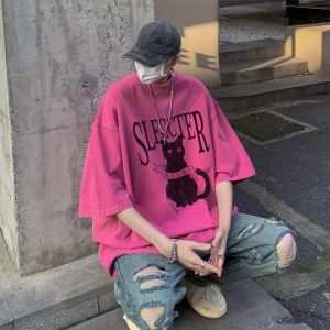 เสื้อยืดแขนสั้นทรงหลวมสไตล์อเมริกัน สีม่วงโดปามีน ทรงหลวม 5 ส่วน ผ้าฝ้าย 100% สำหรับผู้ชาย ทรงหลวม เสื้อยืดคอกลม