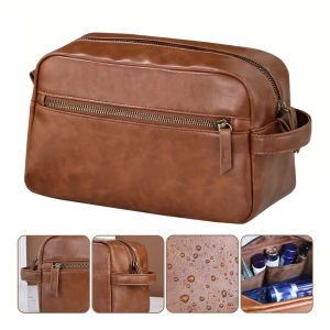 Men Business Travel Wash Toiletry Bag Waterproof PU Leather Bathroom Shaving Tools Organizer Bag Makeup Pouch Women Cosmetic Bag Large Capacity Multi Pocket Design Handheld Leather Wash Bag