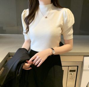 🎀 SIS Knitted Bottoming Short Sleeve Slim Fit Half Turtleneck Puff Sleeve Thin Cropped Blouse