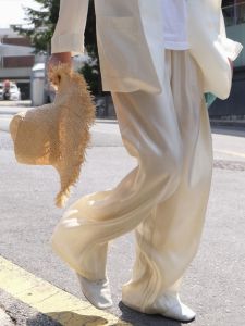 Pearl Satin Acetate Pants Womens Summer High Waist Silk Loose Loose Pants Casual Air Sun Protection Straight-Leg Trousers Thin