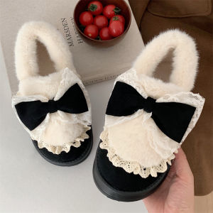 Thin Stripe Retro Fashion Bowknot Snow Boots Womens Waterproof Thick Bottom Fleece-Lined Warm Northeast Cotton Padded Shoes Short Boots Winter