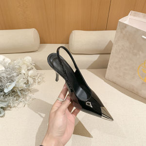 โรสปาร์คดูผอมมาก ~! รองเท้าคัทชูส้นเข็มหัวแหลมโลหะหนังแก้วสำหรับผู้หญิงรองเท้าส้นสูงดูดีสำหรับงานเลี้ยงอาหารค่ำ