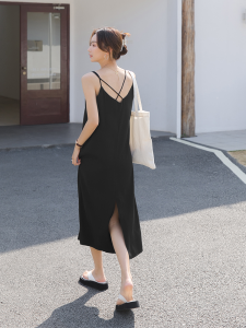 High Waist Black A-Line Dress Sleeveless Summer Beach Vacation Dress with Open Back Pure Color Cotton Material