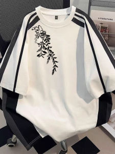 Heavyweight Pure Cotton Short Sleeve T-Shirt Mens Summer Trendy Loose Oversize Color Block Youth Half Sleeve Top Breathable