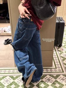 Heavy Duty American Retro Blue Denim Womens Jeans High Waist Wide Leg Floor Length Casual Loose Fit Autumn New Style