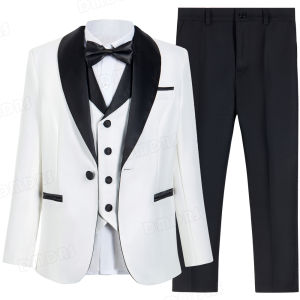 Bộ Vest Trắng Lịch Sự Cho Bé Trai 4 Món Kiểu Tuxedo Cưới Dành Cho Bé Trai Từ 3-14 Tuổi Chất Liệu Cotton Pha Polyester Cổ Ve Cài Khuy Đơn