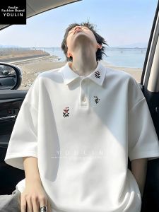 YOULIN | White Floral Embroidery 5/8 Sleeve Polo Shirt