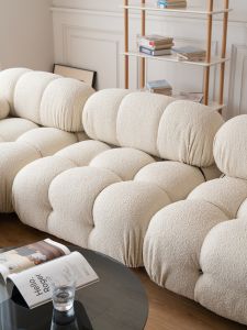 Nordic Style Fabric Sofa Three-Seater with Buckle Mid-Century Simple Module Double Sofa for Living Room Small Apartment